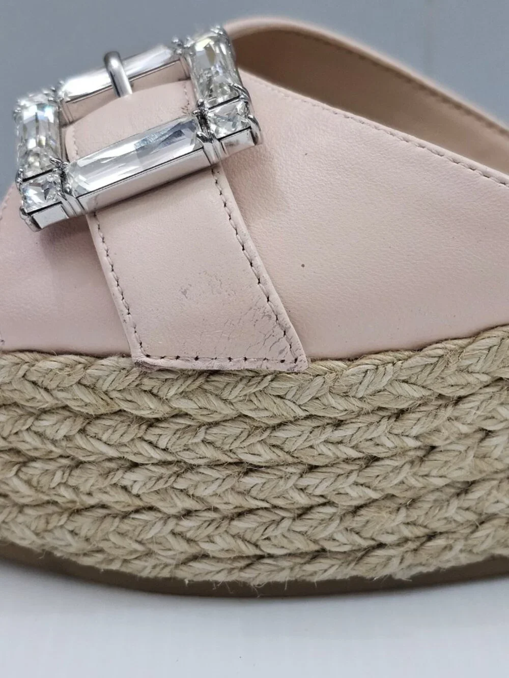 Stuart Weitzman June 75 Espadrille Wedge Sandal Size 9 Blush Pink Crystal Buckle
